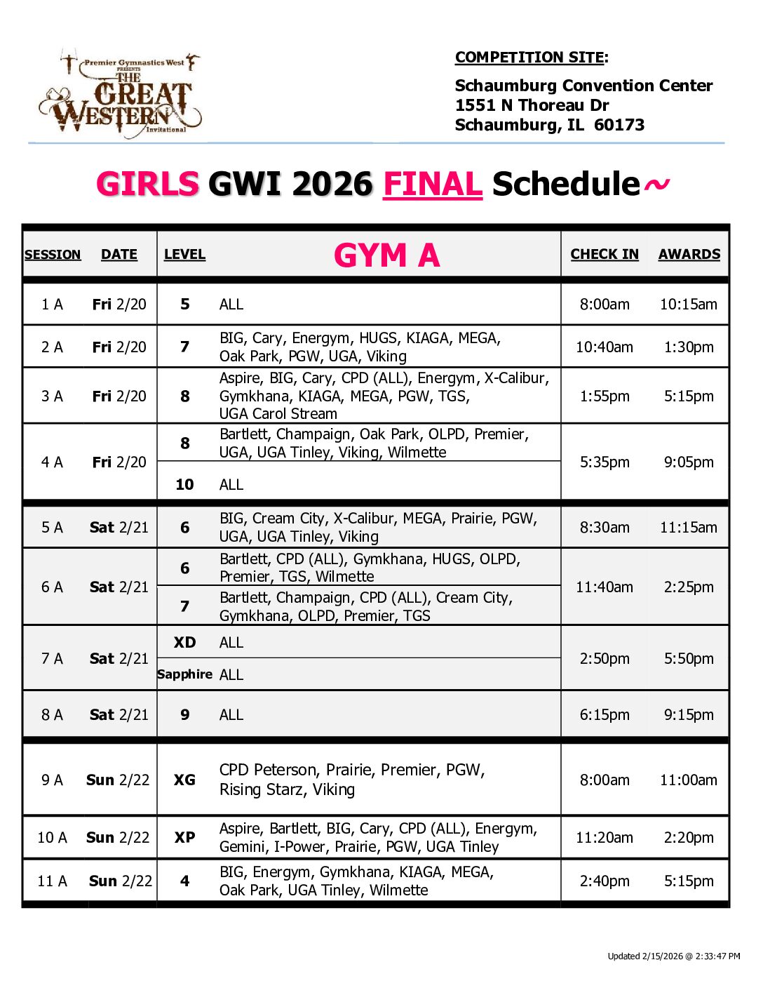 Schedule – Gym A 2026