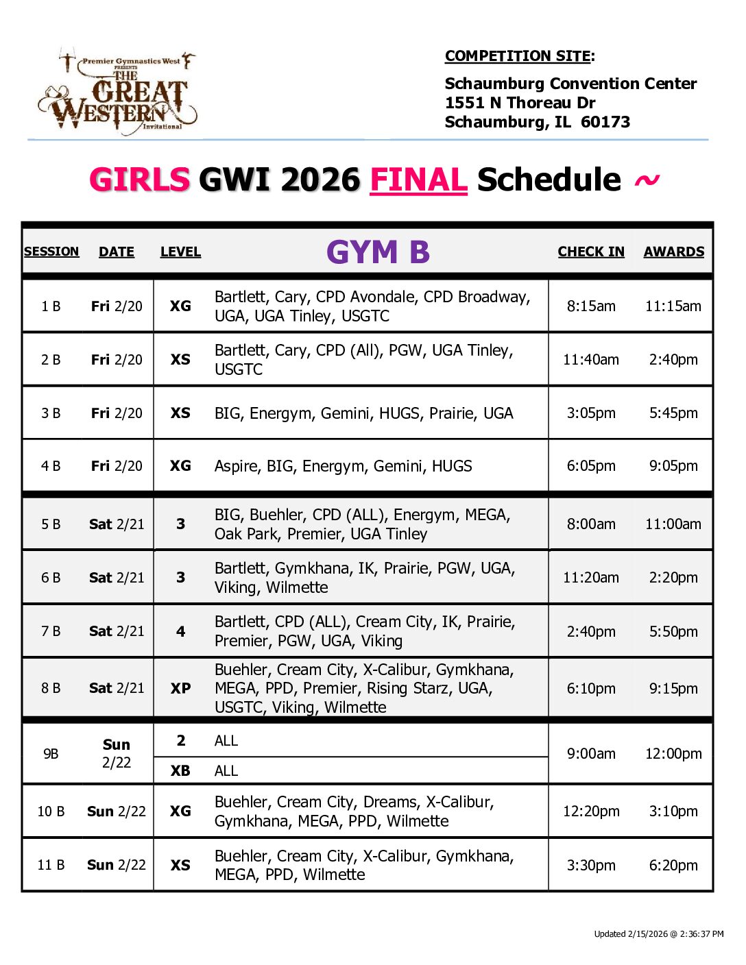 Schedule – Gym B 2026